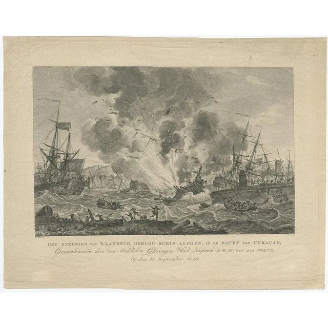 Antique print titled 'het springen van 's landsch oorlog schip alphen, in de haven van curacao, gecommandeerd door den...