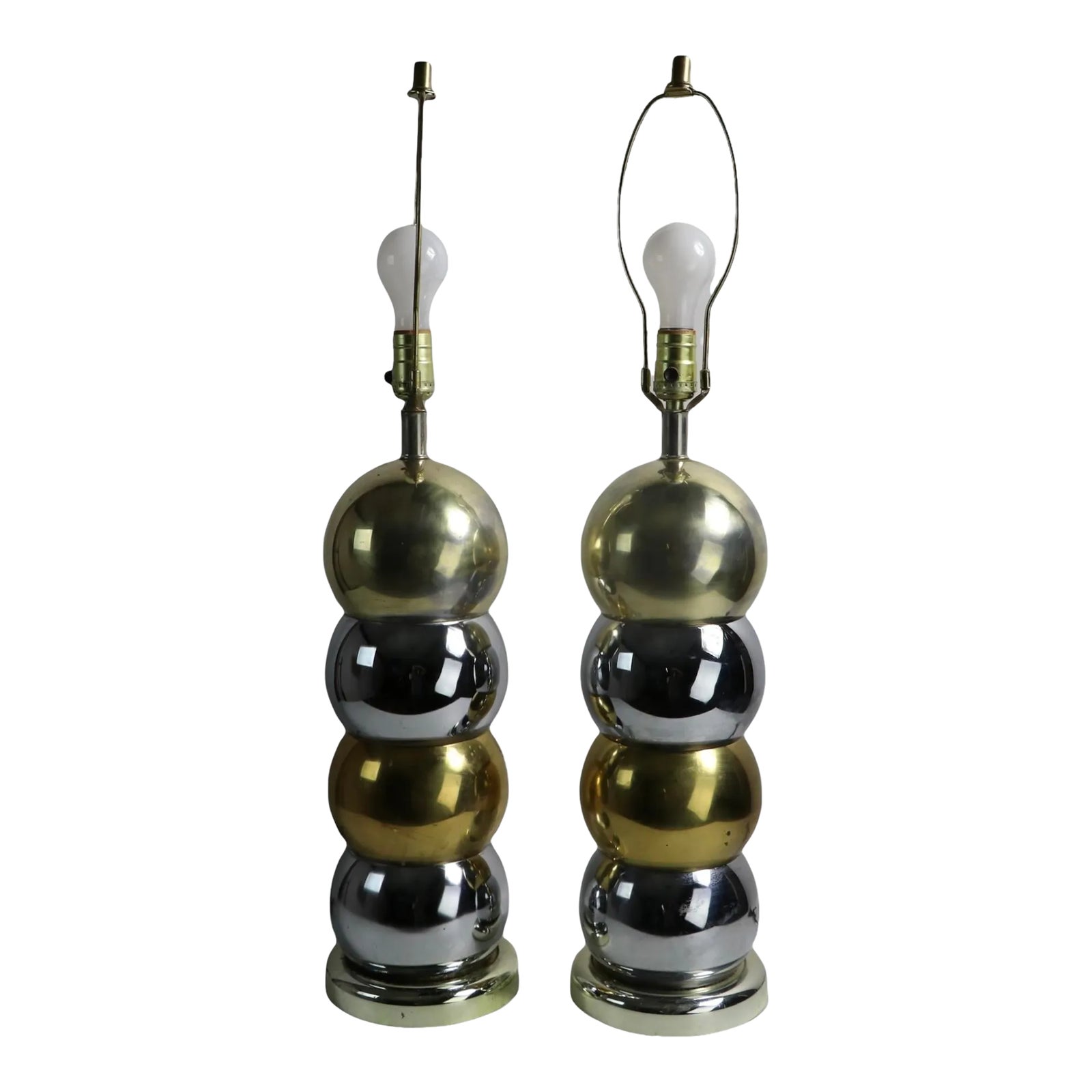 Pr Brass and Chrome Stacked Ball Table Lamps Made in Usa Att. To Kovacs Ca. 1970's Chairish