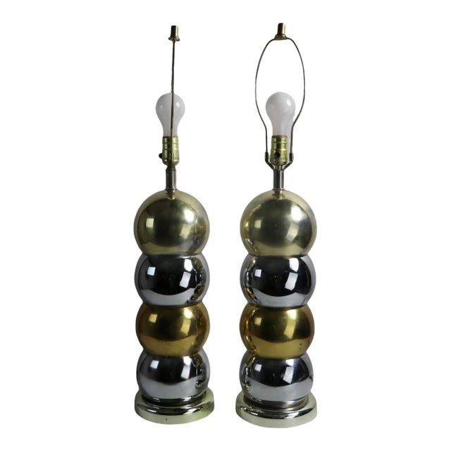Pr Brass and Chrome Stacked Ball Table Lamps Made in Usa Att. To Kovacs Ca. 1970's For Sale