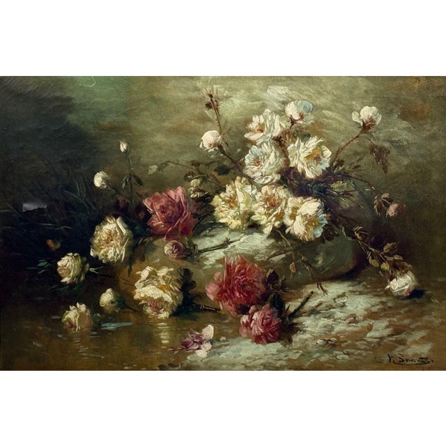 Floral Still Life, Framed Oil on Canvas, A Fallen Vase with Flowers, American, 1920s A richly detailed still-life painting...