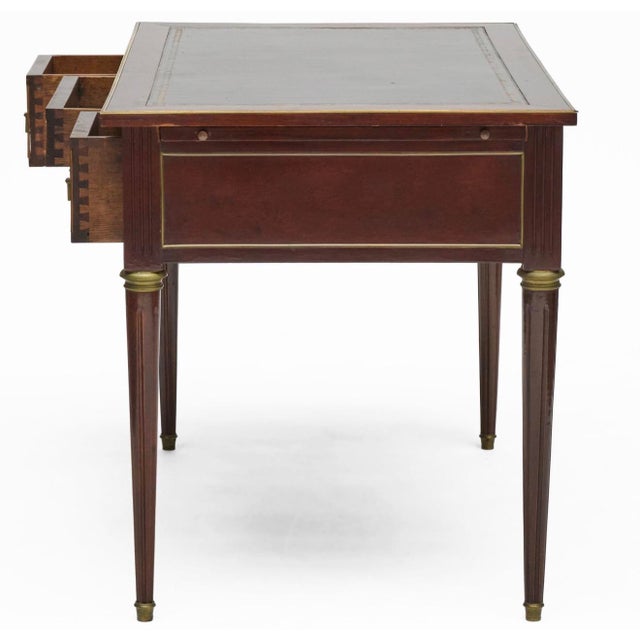 French Louis XVI Style Brass Mounted Writing Desk. Black Leather Top For Sale - Image 4 of 10
