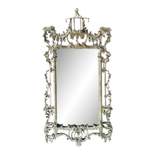Chinese Chippendale Style Whitewashed Wall Mirror, Hand-Carved Wood For Sale