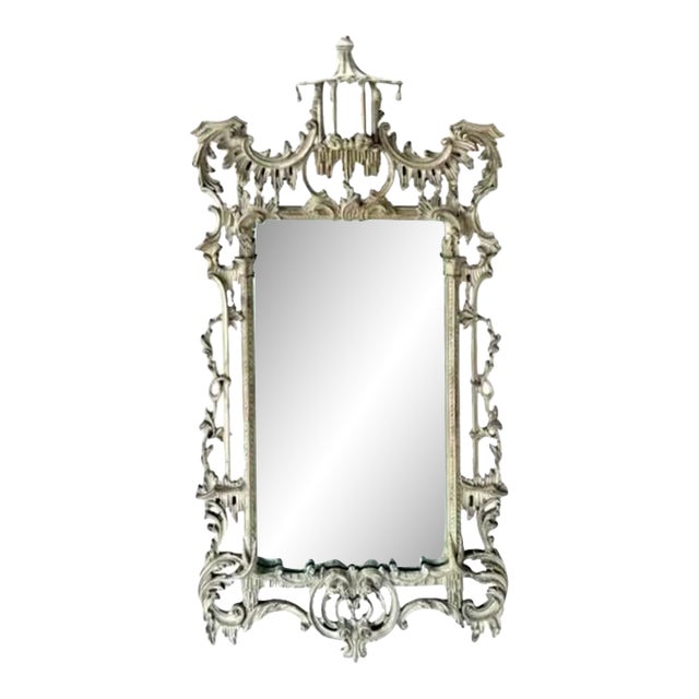 Chinese Chippendale Style Whitewashed Wall Mirror, Hand-Carved Wood For Sale