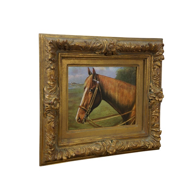 Late 20th century print on board of a brown horse in a landscape with a distant light house. Gilt composite frame with...