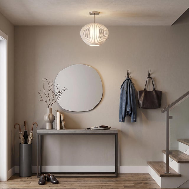 Mid-Century Modern Bloom 14 Inch Semi-Flush Mount Ceiling Light by Nova of California - Sphere White Satin Shade With White Slatted Cage Globe - Bubble Orb Lantern For Sale - Image 3 of 6