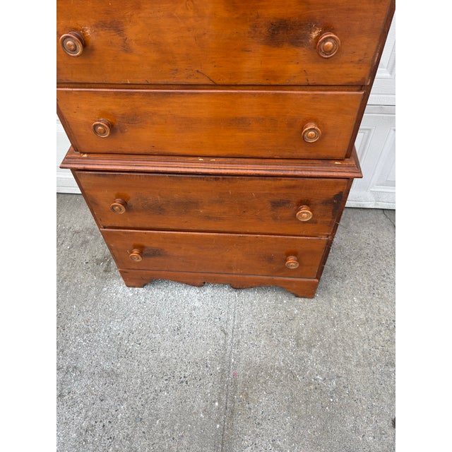 Colonial Revival Chest of Drawers | Vintage Early American Style Solid Wood Dresser | Farmhouse Traditional Bedroom Storage | Wood High Boy For Sale - Image 12 of 12