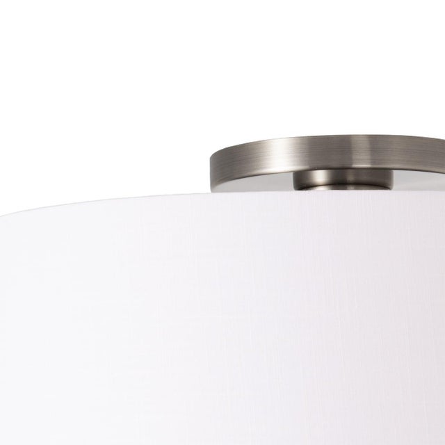 Nova Mid-Century Modern Stretch Flush Mount With Satin Nickel Steel and White Linen Shade For Sale - Image 4 of 5