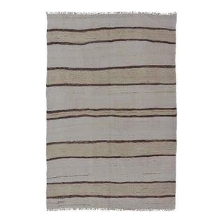 Vintage Turkish Kilim Rug Ivory Beige Brown Striped Wool Flatweave For Sale