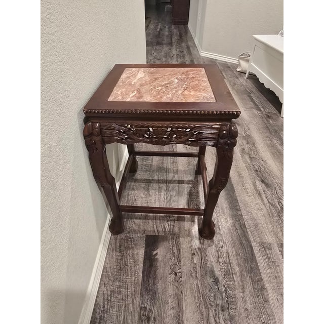 Antique Chinese Carved Hardwood Marble Table For Sale - Image 4 of 9