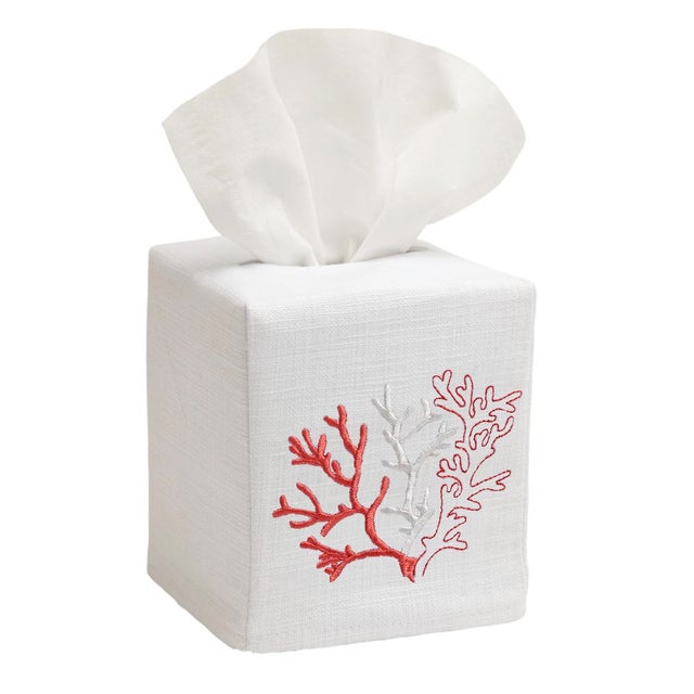 Red Coral Tissue Box Cover White Linen & Cotton, Embroidered For Sale - Image 4 of 4