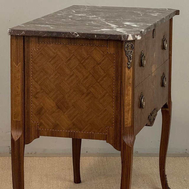 Antique French Louis XVI Style Marquetry Marble Top Commode For Sale - Image 9 of 18