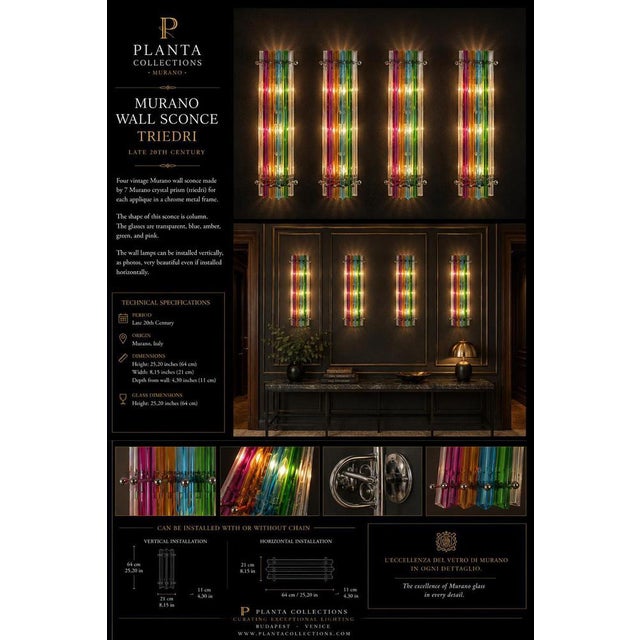 Four vintage Murano wall sconce made by 7 Murano crystal prism (triedri) for each applique in a chrome metal frame. The...