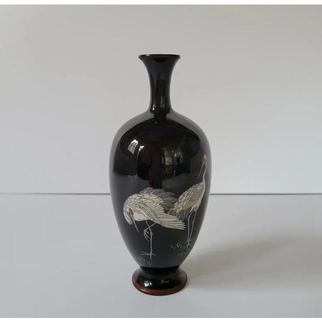Asian Antique Japanese Meiji Era Black Cloisonne Vase With 5 Cranes For Sale - Image 3 of 7