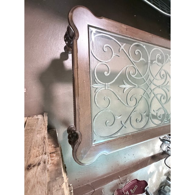 1990s Large Ornate Coffee Table – Iron Scrollwork Under Glass, Dark Wood For Sale In Houston - Image 6 of 6