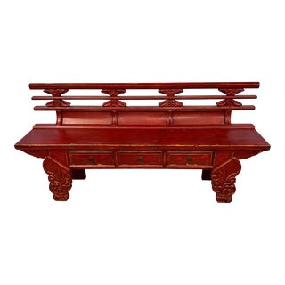 Red Lacquer Chinoiserie Bench W/ Storage Drawers For Sale