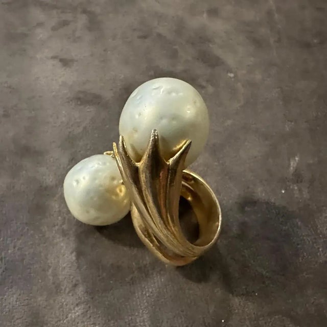 Contemporary 1990s Gilded Sterling Silver and Natural Pearl Sculptured Huge Italian Ring For Sale - Image 3 of 9