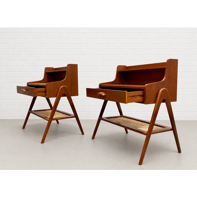 Brown Pair of Mid Century Modern Handcrafted Caned Cabinets | Teak Bedside Tables For Sale - Image 8 of 12