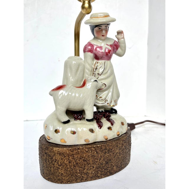 English Vintage Staffordshire Girl With Lamb Lamp For Sale - Image 3 of 13