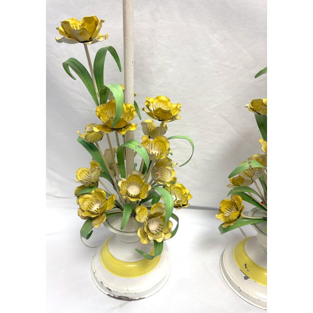 Metal Vintage Italian Floral Painted Tole Table Lamps- A Pair For Sale - Image 7 of 12