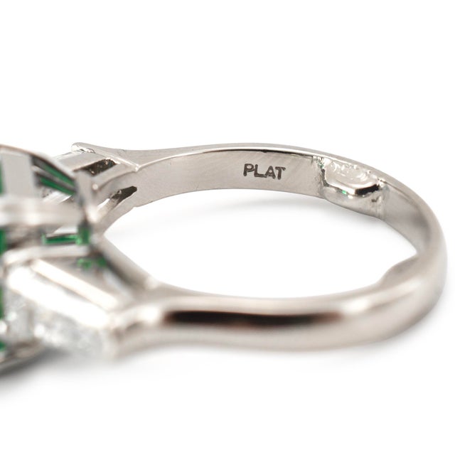 Metal Vintage Platinum 4.35ctw Gia Green Emerald Diamond Three Stone Cocktail Ring, Size 4.25 For Sale - Image 7 of 9