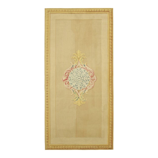 Antique Aubusson Runner Rug in Gold With Floral Medallion | Rug & Kilim For Sale