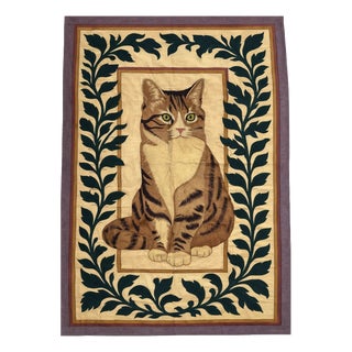 Hand Embroidered Tabby Cat Tapestry, 1980s For Sale