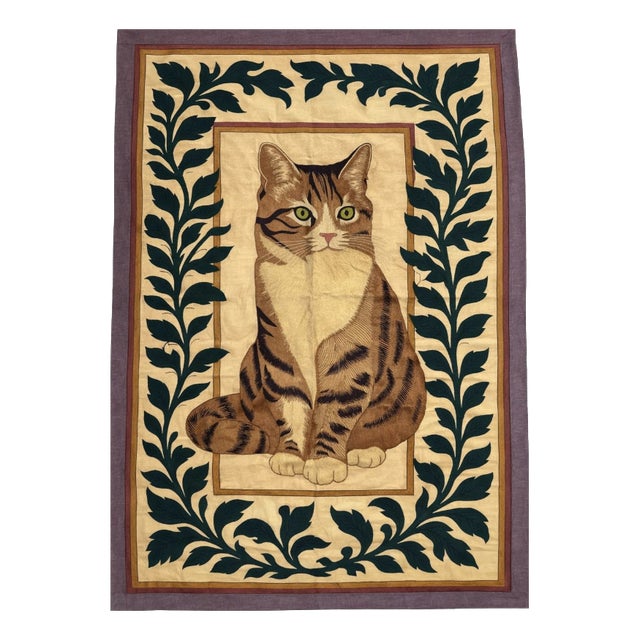 Hand Embroidered Tabby Cat Tapestry, 1980s For Sale