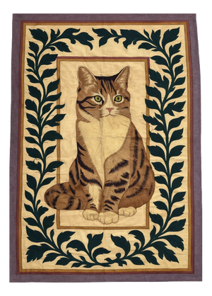 Hand Embroidered Tabby Cat Tapestry, 1980s