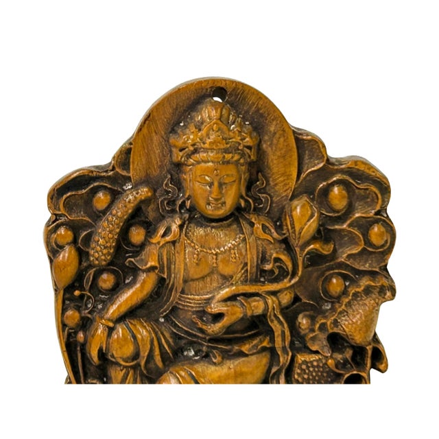 1980s Vintage Small Wood Carved Light Brown Bodhisattva Pendant Plaque For Sale - Image 5 of 6