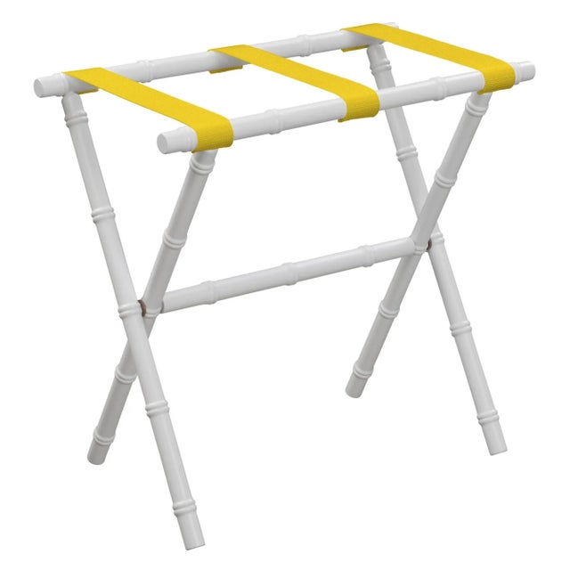 Transitional White Wood Bamboo Inspired Luggage Rack with 3 Yellow Nylon Straps For Sale - Image 3 of 3
