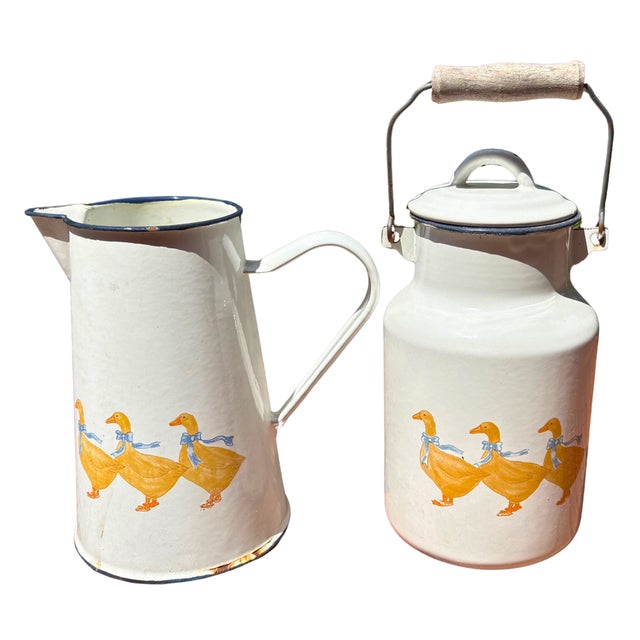 Large French Enamelware Pitcher and Milk Can with Geese Décor, 1950s, Set of 2 For Sale - Image 10 of 10