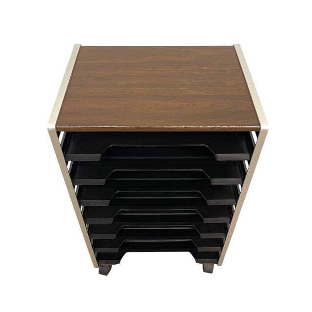 Vintage Rolling Office File Organizer Cart With Tiered Plastic Trays, Wood Top. For Sale - Image 9 of 10