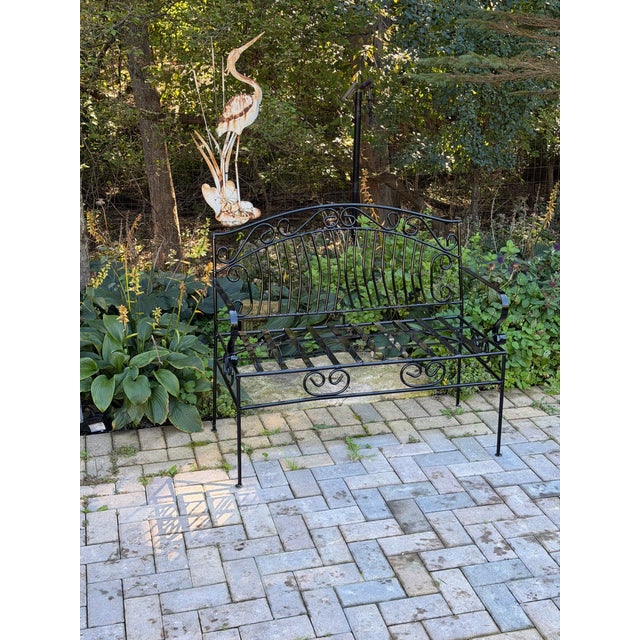 Vintage French Provincial Style Wrought Iron Garden Bench in Glossy Black For Sale - Image 4 of 9