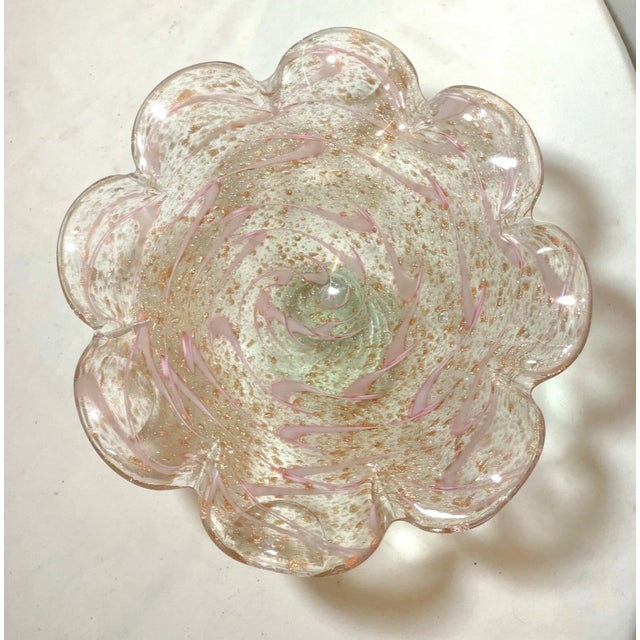 Tall Vintage Blown Pink Gold Flek Glass Italian Centerpiece Footed Bowl Murano For Sale - Image 10 of 11