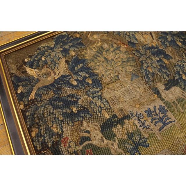 1750s GreenTraditional Scenic Antique English Needlepoint Rug 2'4"x2'7" Silk Flatweave Carpet For Sale - Image 11 of 12