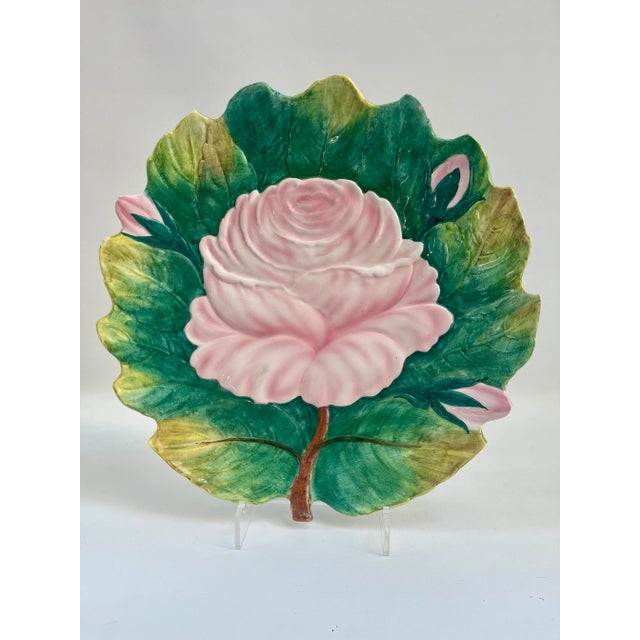Late 20th Century Vintage Large Italian Pink Rose & Green Zaccagnini Pottery Decorative Wall or Serving Plate For Sale - Image 5 of 9