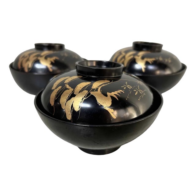 Urushi Maki-E Rice Bowls, Japan, 1910s, Set of 3 For Sale