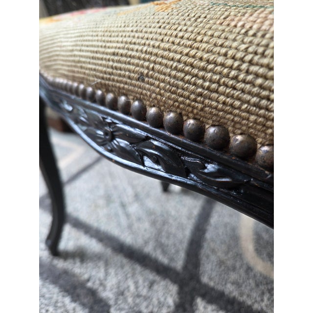 Antique French Louis XV Vanity Bench Ottoman With Floral Needlepoint For Sale - Image 4 of 13