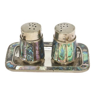 Vintage Alpaca Silver and Abalone Salt and Pepper Shakers With Tray Small For Sale
