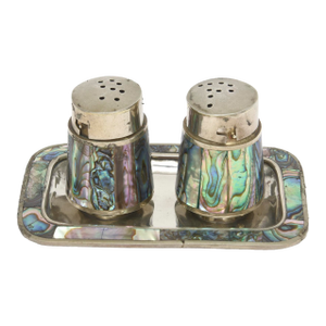 Vintage Small Alpaca Silver and Abalone Salt and Pepper Shakers With Tray