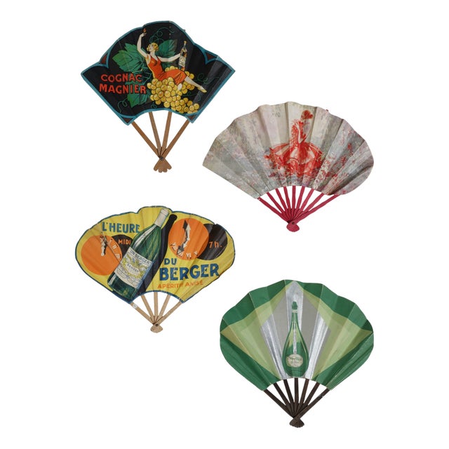 Art Deco Belle Epoque Hand Fans with Casino Advertising Graphic, Paris, France, Early 1900s, Set of 4 For Sale