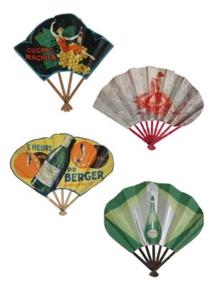 Art Deco Belle Epoque Hand Fans with Casino Advertising Graphic, Paris, France, Early 1900s, Set of 4