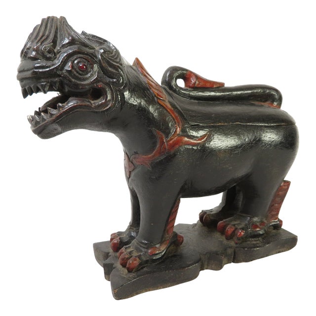 Antique Carved Wood Singha Guardian Lion ~ Thailand Buddhist Lidded Temple Box For Sale