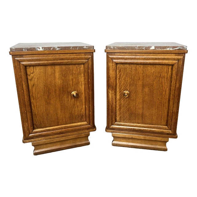 Antique French Oak Bedside Tables with Marble Tops, Set of 2 For Sale