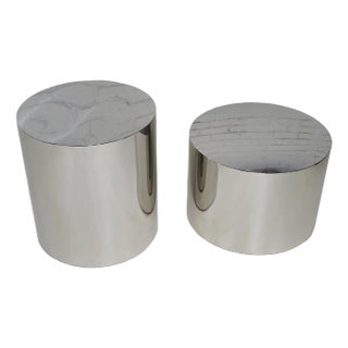 Milo Baughman Style Polished Stainless Steel Chrome Drum Side Tables For Sale