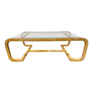 Mid-Century Modern Rattan Wrapped Glass Top Coffee Table For Sale