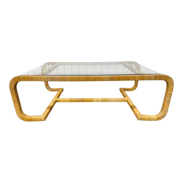 Mid-Century Modern Rattan Wrapped Glass Top Coffee Table For Sale