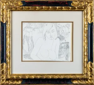 Vintage Irvin Nahan Minimalist Figurative Drawing of a Nude With Interior Scene, Framed
