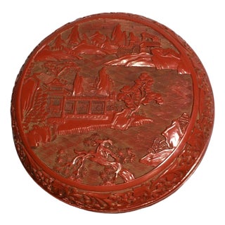 Carved Cinnabar Lacquer Round Lidded Box, Landscape Pavilion Scene Chinoiserie Jewelry Box For Sale