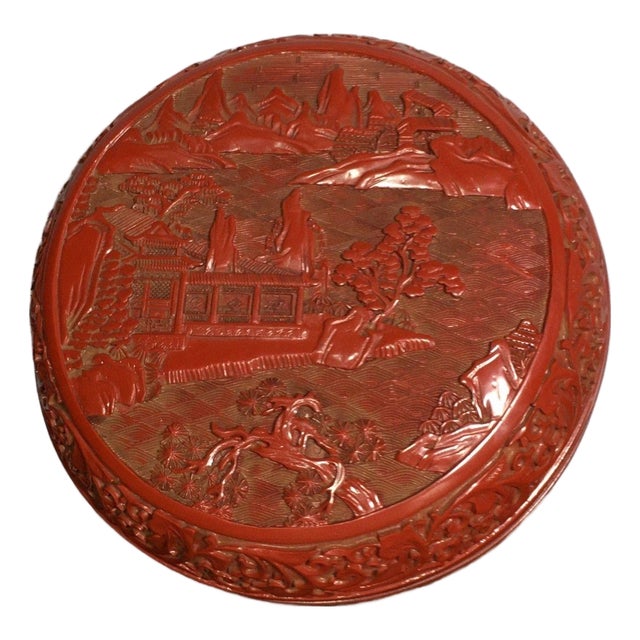 Carved Cinnabar Lacquer Round Lidded Box, Landscape Pavilion Scene Chinoiserie Jewelry Box For Sale